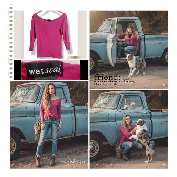 🌿Wet Seal Women’s Large Hot Pink Bedazzled Top Scoop Neck 3/4 Sleeve Cotton Y2K - Picture 8 of 10